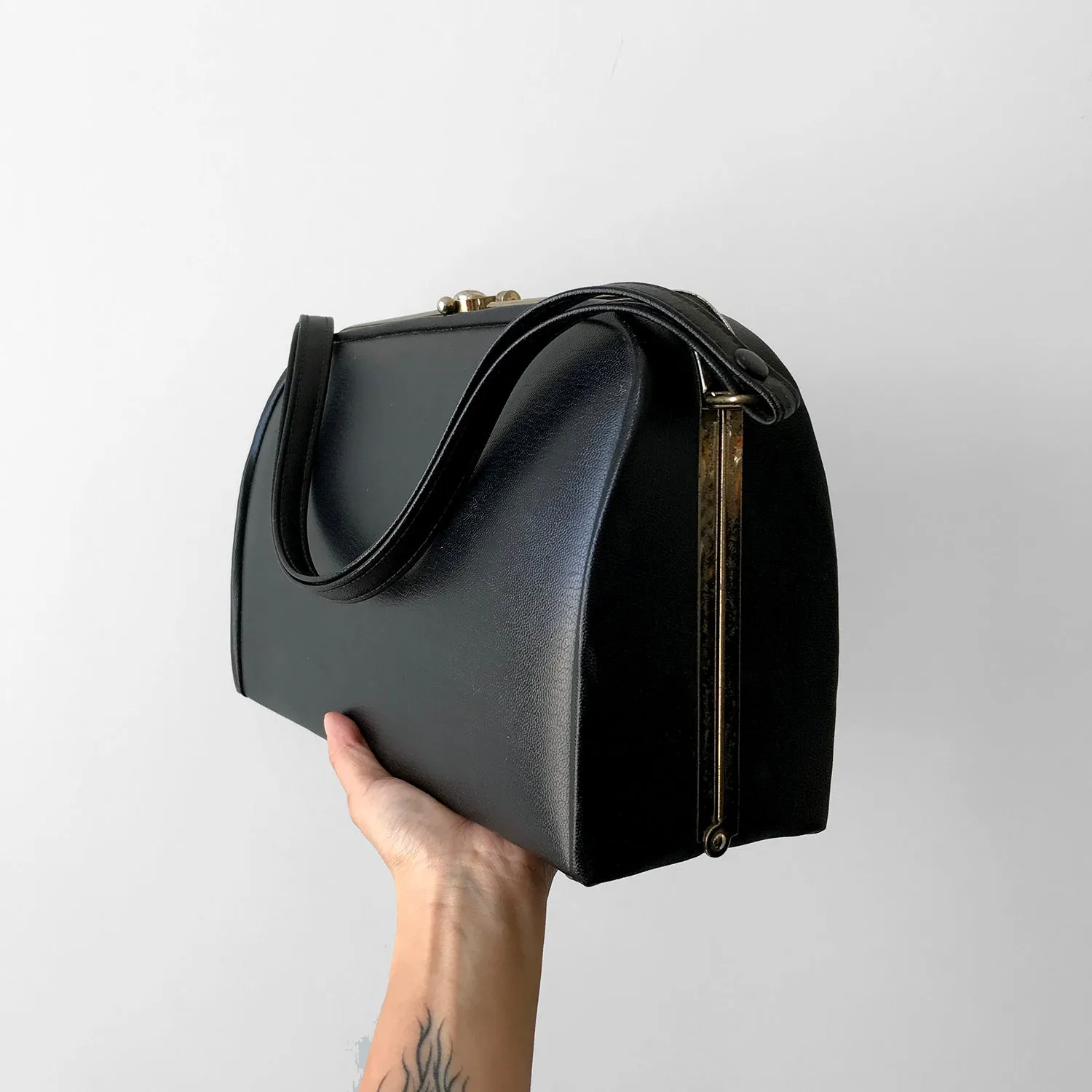 1960s Black Structured Leather Handbag