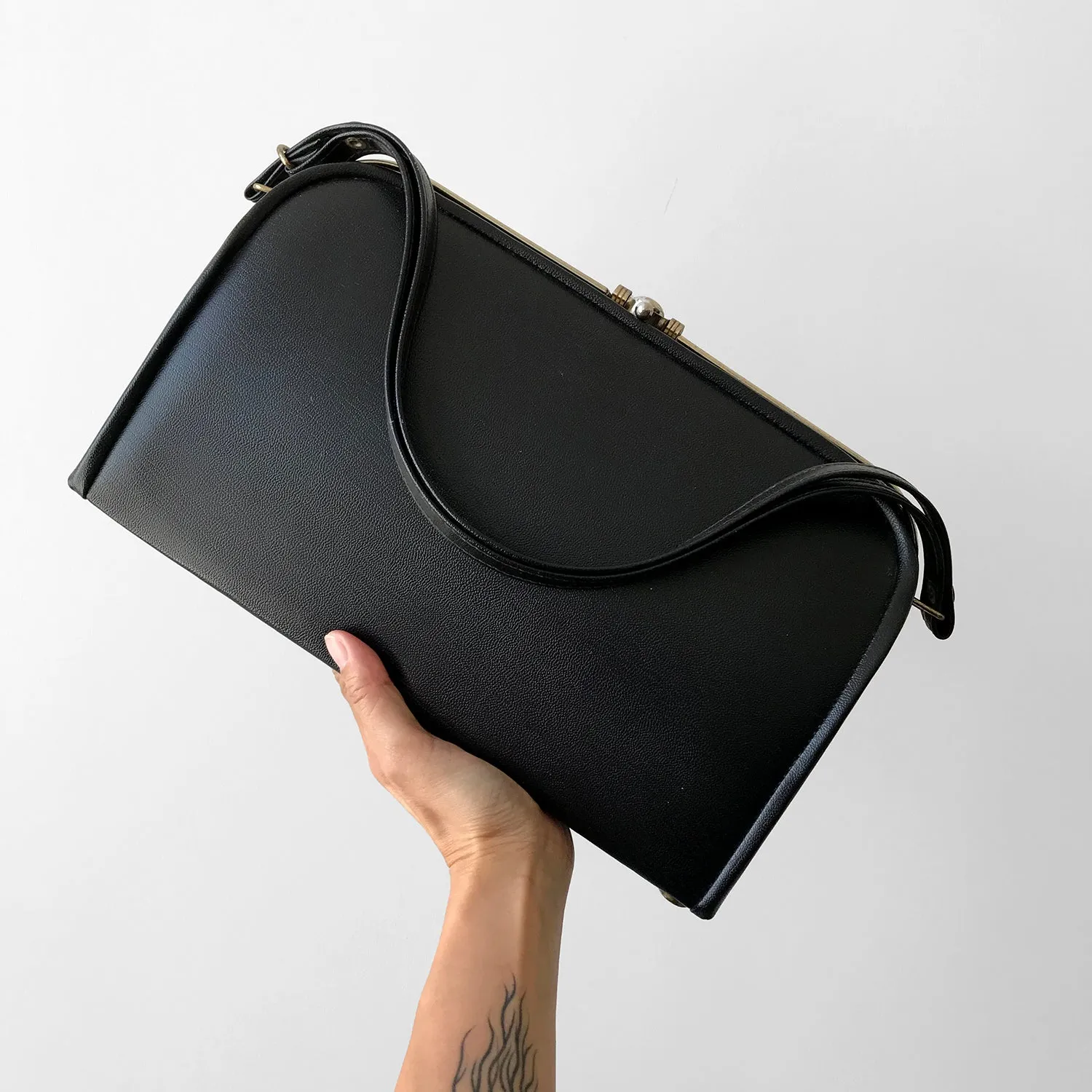 1960s Black Structured Leather Handbag