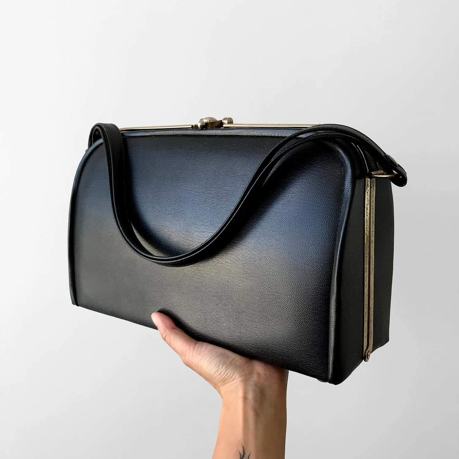 1960s Black Structured Leather Handbag