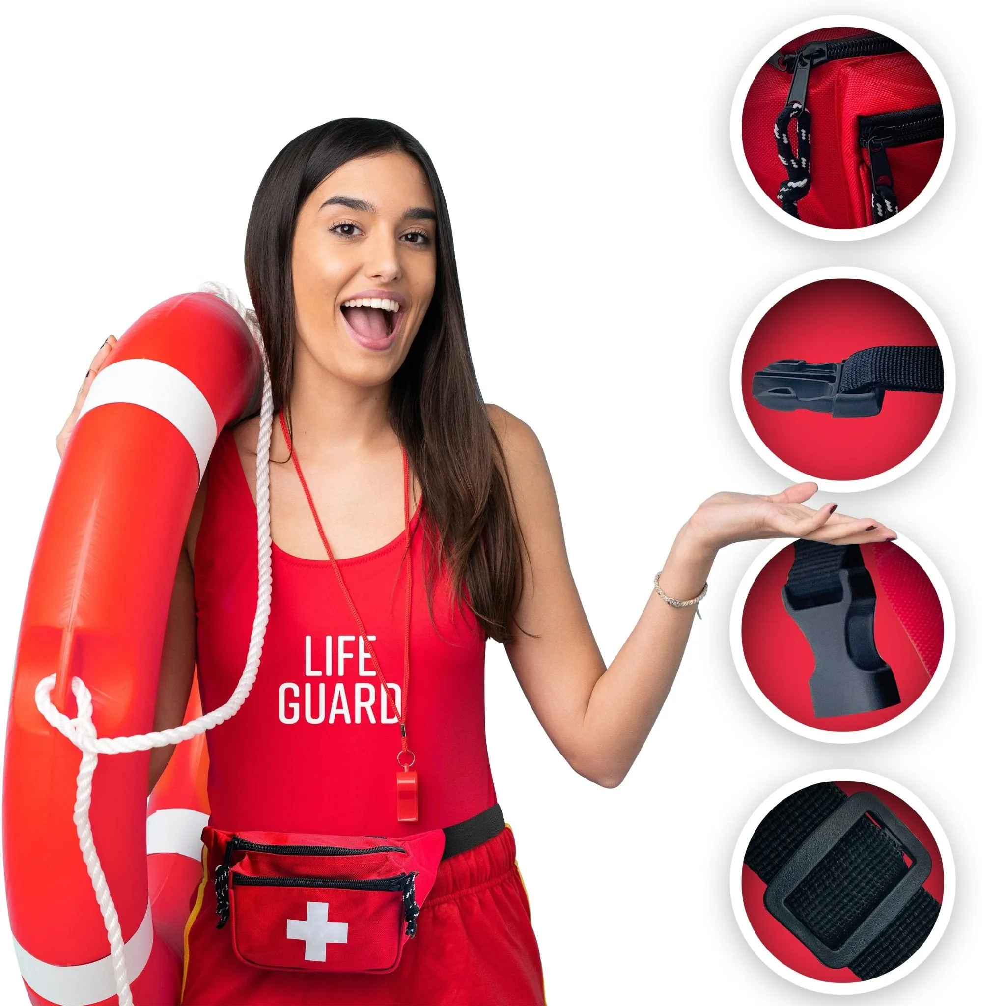 3 Pack - Lifeguard Fanny Pack With Whistle Lanyard - Baywatch Style First Aid Hip Pack w/ Adjustable Strap, Cross Logo   Zipper Pouch, Emergency Equipment Set