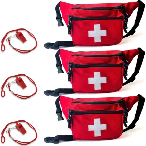3 Pack - Lifeguard Fanny Pack With Whistle Lanyard - Baywatch Style First Aid Hip Pack w/ Adjustable Strap, Cross Logo   Zipper Pouch, Emergency Equipment Set