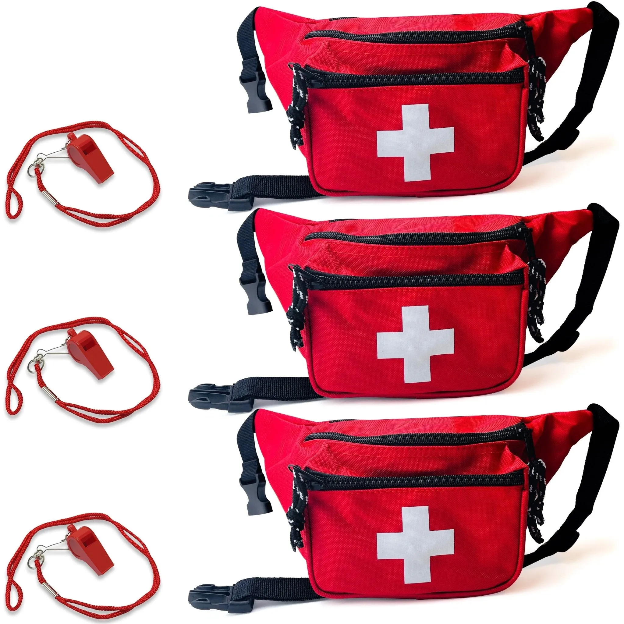 3 Pack - Lifeguard Fanny Pack With Whistle Lanyard - Baywatch Style First Aid Hip Pack w/ Adjustable Strap, Cross Logo   Zipper Pouch, Emergency Equipment Set