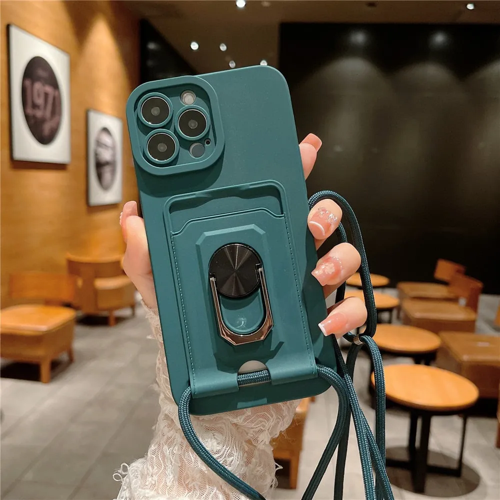 Anymob iPhone Case Green Hang Strap Cord Lanyard Magnetic Ring Holder Phone Cover Card Bag
