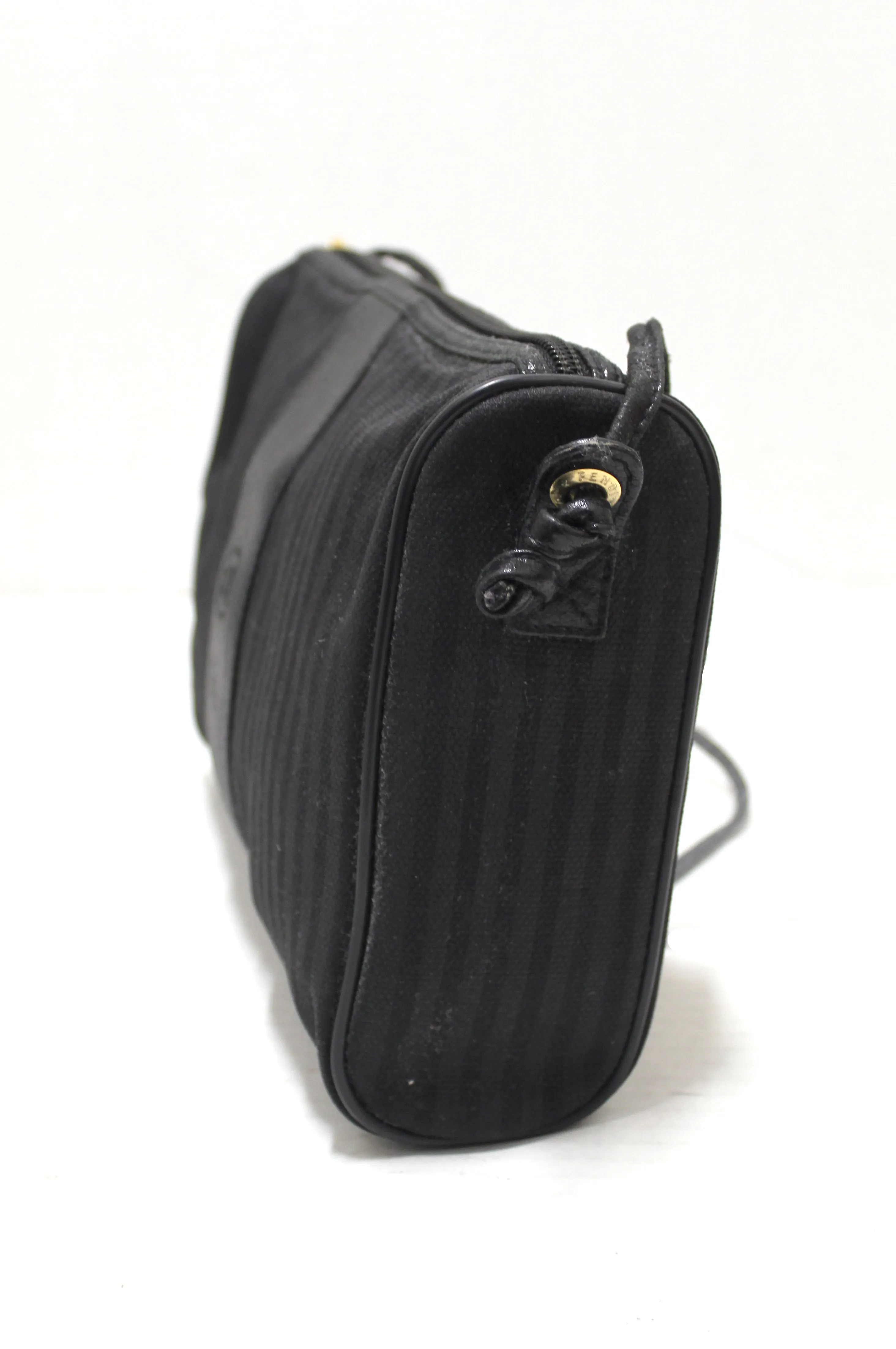 Authentic Fendi Vintage Black Canvas Striped Messenger Crossbody Bag