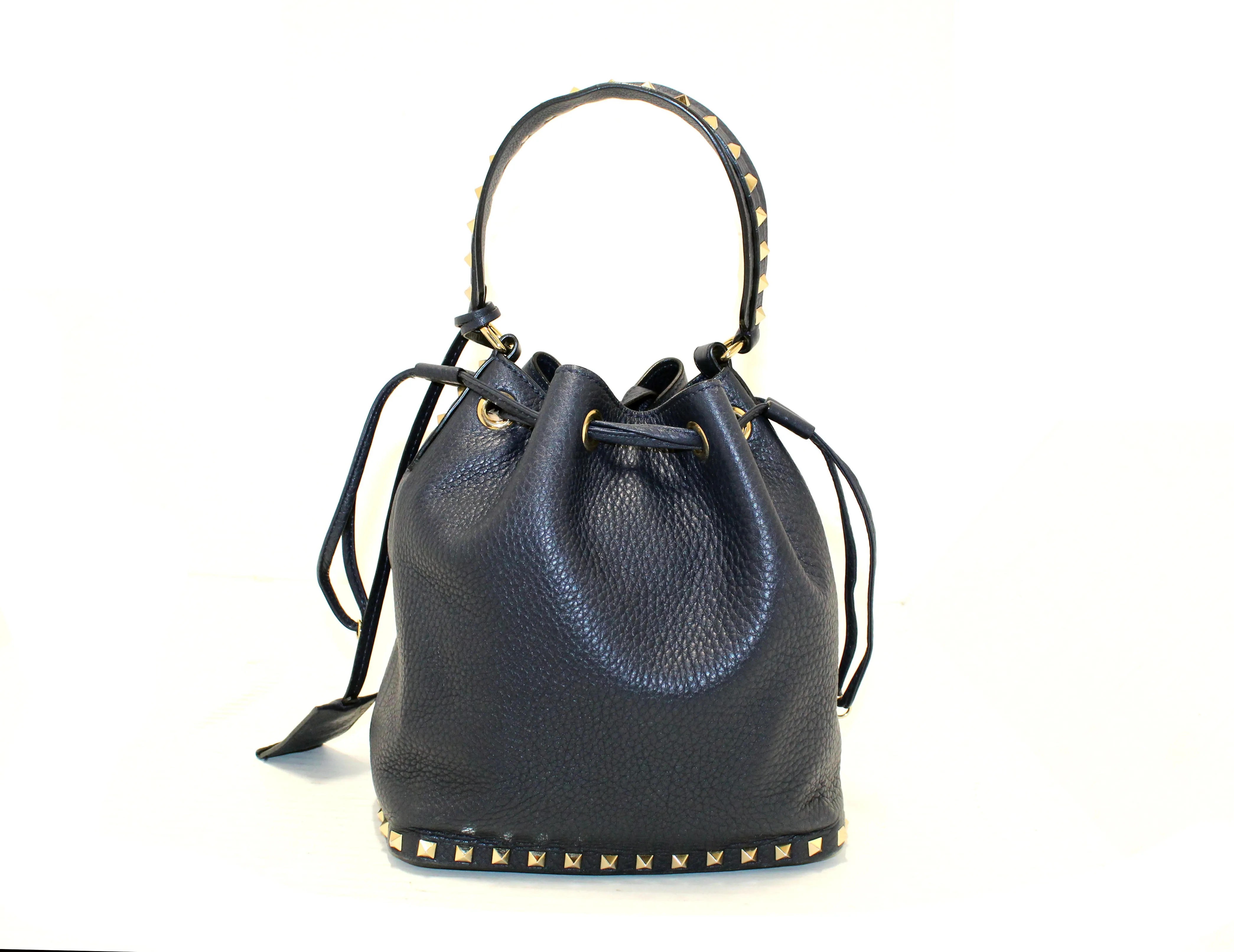 Authentic Valentino Garavani Navy Blue Rockstud Small Bucket Bag