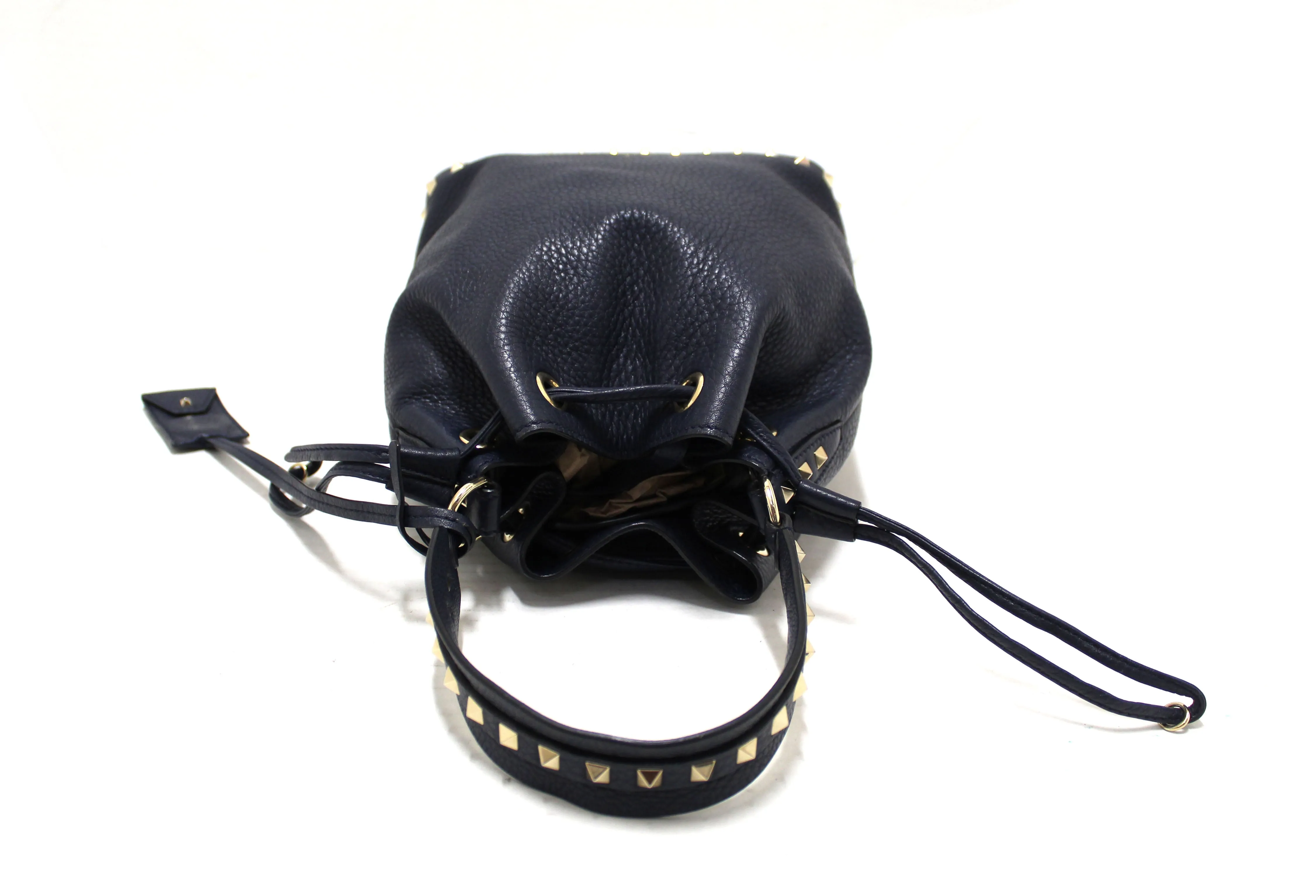 Authentic Valentino Garavani Navy Blue Rockstud Small Bucket Bag