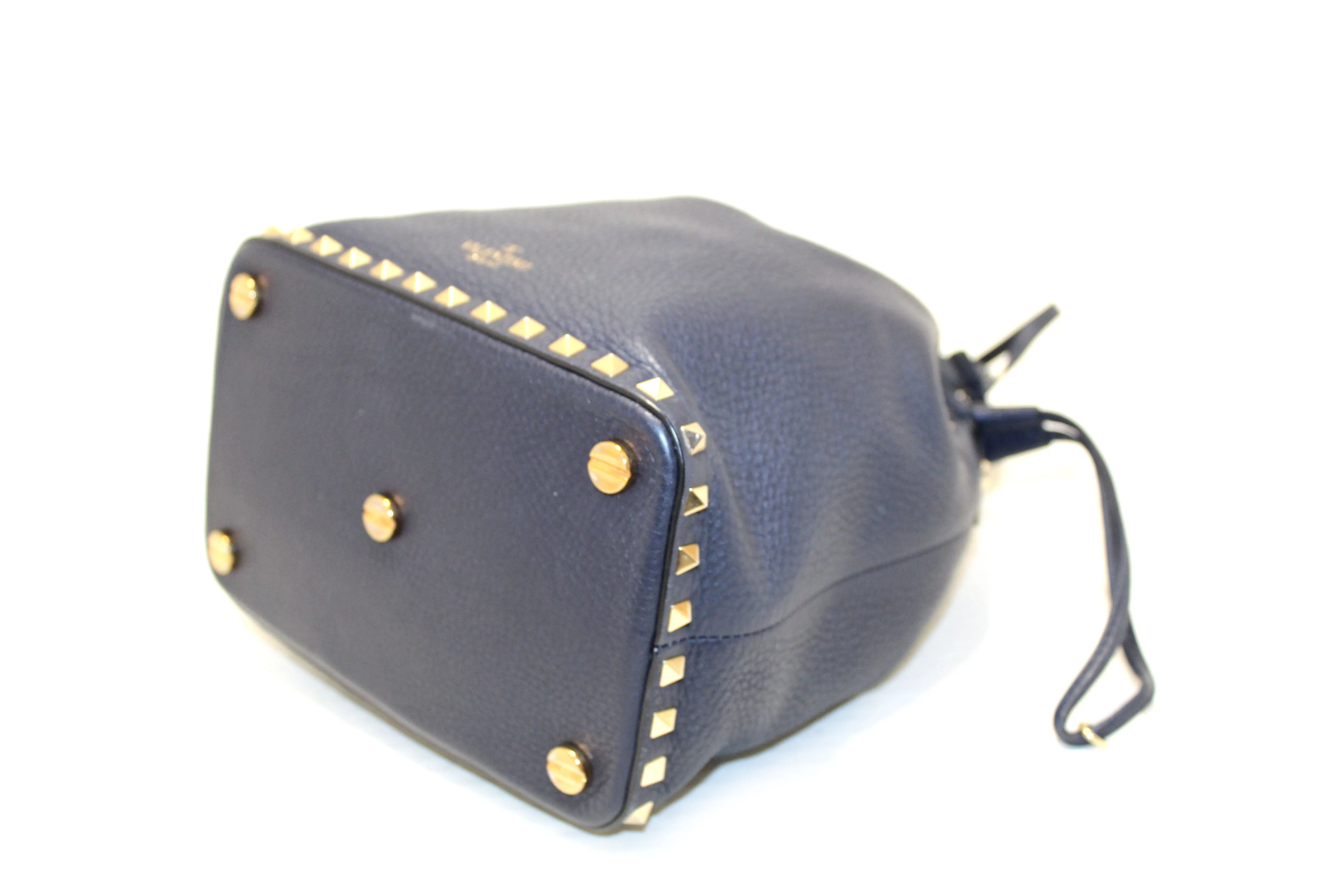Authentic Valentino Garavani Navy Blue Rockstud Small Bucket Bag