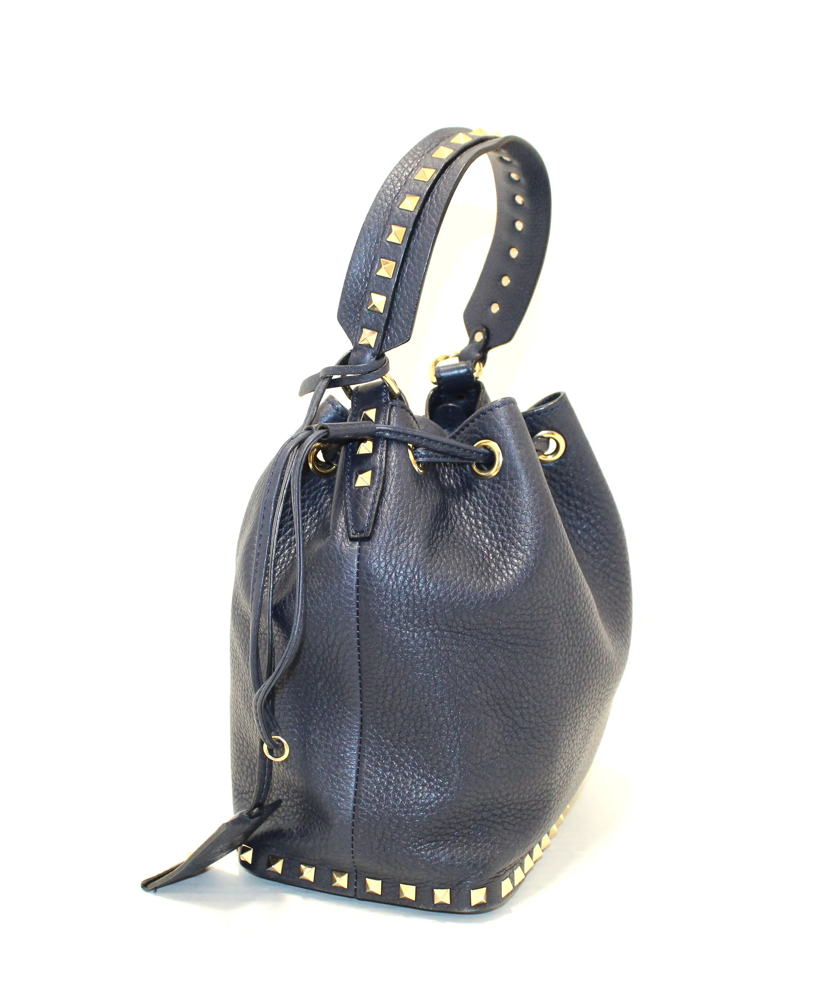 Authentic Valentino Garavani Navy Blue Rockstud Small Bucket Bag