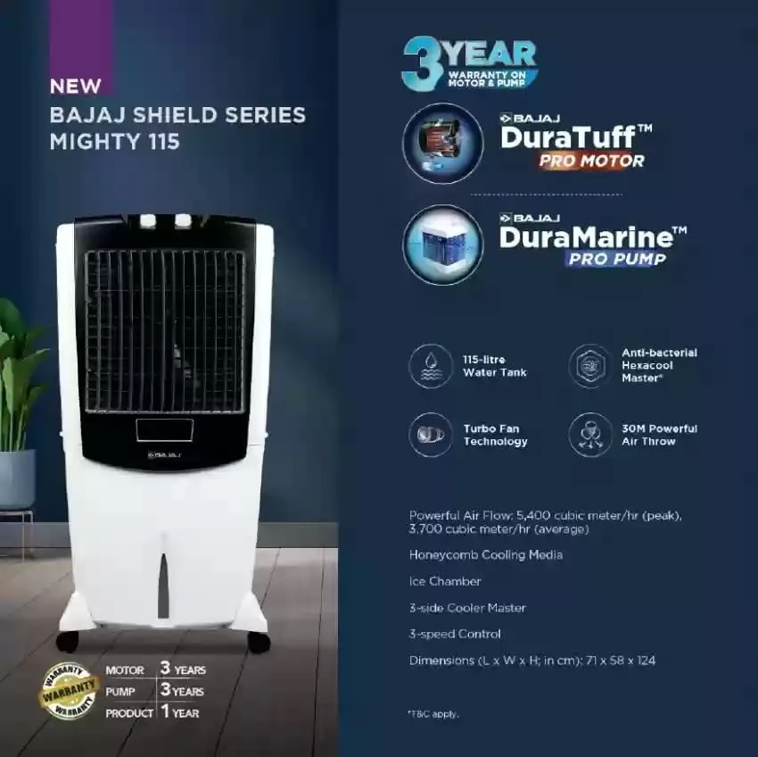 Bajaj Shield Series Mighty 115 Litre Desert Air Cooler for home with Dura Marine Pro Pump| Dura Tuff Pro Motor| 3-Yr Warranty | Hexacool & TurboFan Technology | Ice Chamber | 3-Speed Control | White