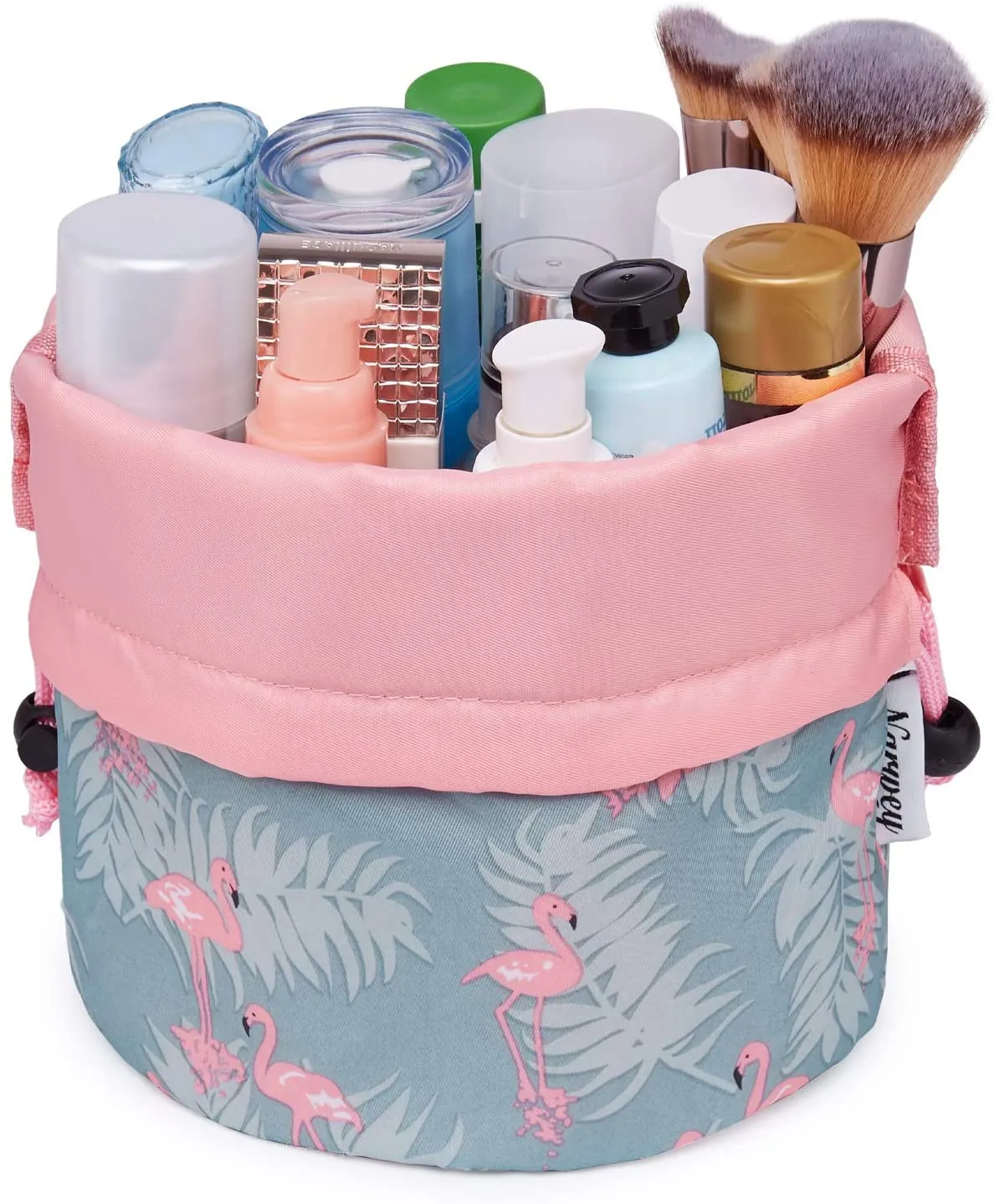 Barrel Makeup Bag Travel Drawstring Cosmetic Bag Toiletry Organizer Waterproof for Women and Girls (Small, Flamingo)