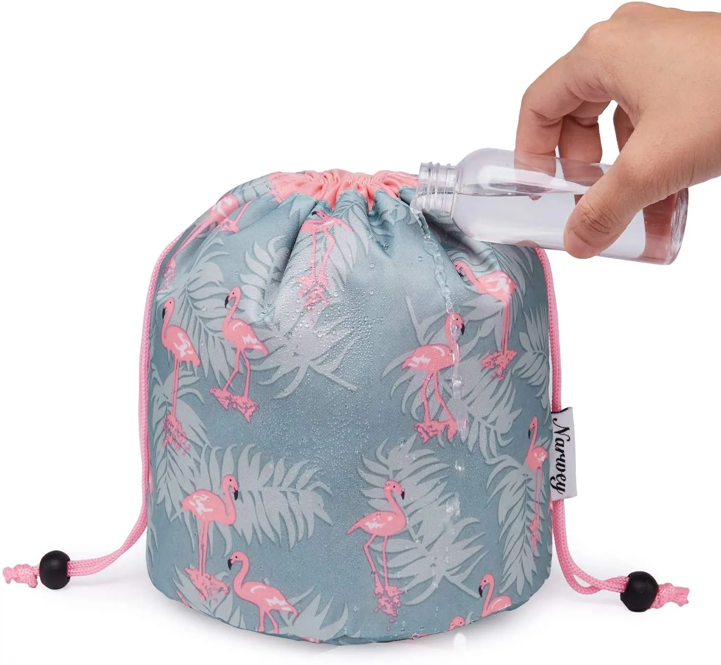 Barrel Makeup Bag Travel Drawstring Cosmetic Bag Toiletry Organizer Waterproof for Women and Girls (Small, Flamingo)