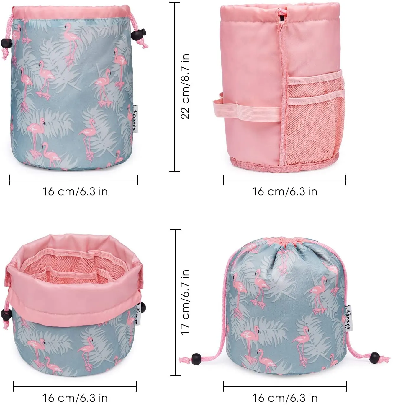 Barrel Makeup Bag Travel Drawstring Cosmetic Bag Toiletry Organizer Waterproof for Women and Girls (Small, Flamingo)