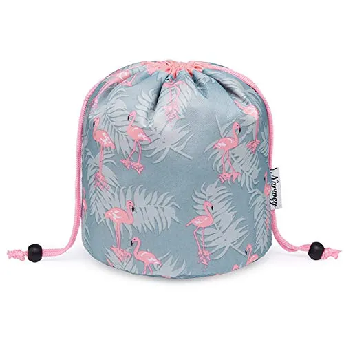 Barrel Makeup Bag Travel Drawstring Cosmetic Bag Toiletry Organizer Waterproof for Women and Girls (Small, Flamingo)