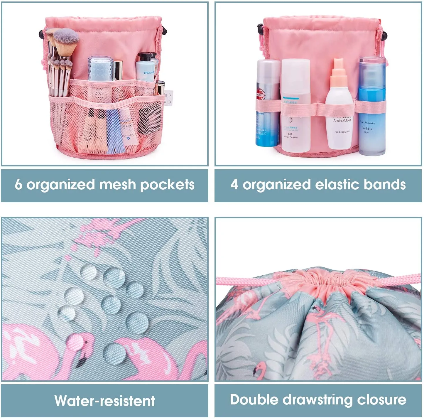 Barrel Makeup Bag Travel Drawstring Cosmetic Bag Toiletry Organizer Waterproof for Women and Girls (Small, Flamingo)
