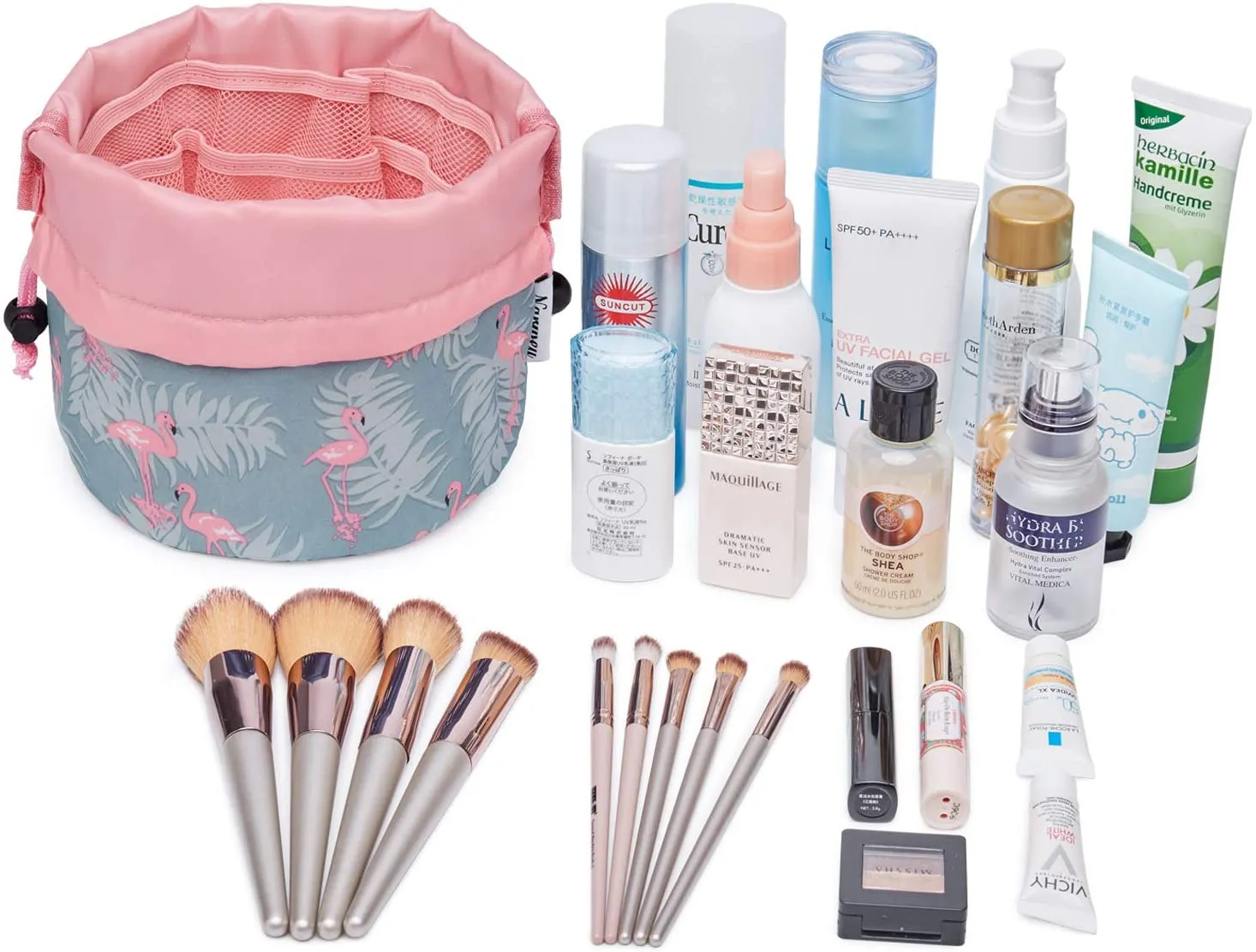 Barrel Makeup Bag Travel Drawstring Cosmetic Bag Toiletry Organizer Waterproof for Women and Girls (Small, Flamingo)