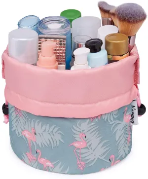 Barrel Makeup Bag Travel Drawstring Cosmetic Bag Toiletry Organizer Waterproof for Women and Girls (Small, Flamingo)