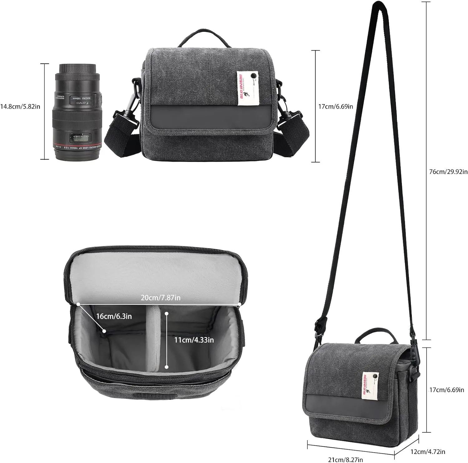 Besnfoto Camera Bag Purse Small Messenger Shoulder Bag for Mirrorless DSLR Camera Waterproof Canvas Compact Photography Case, Black Gray