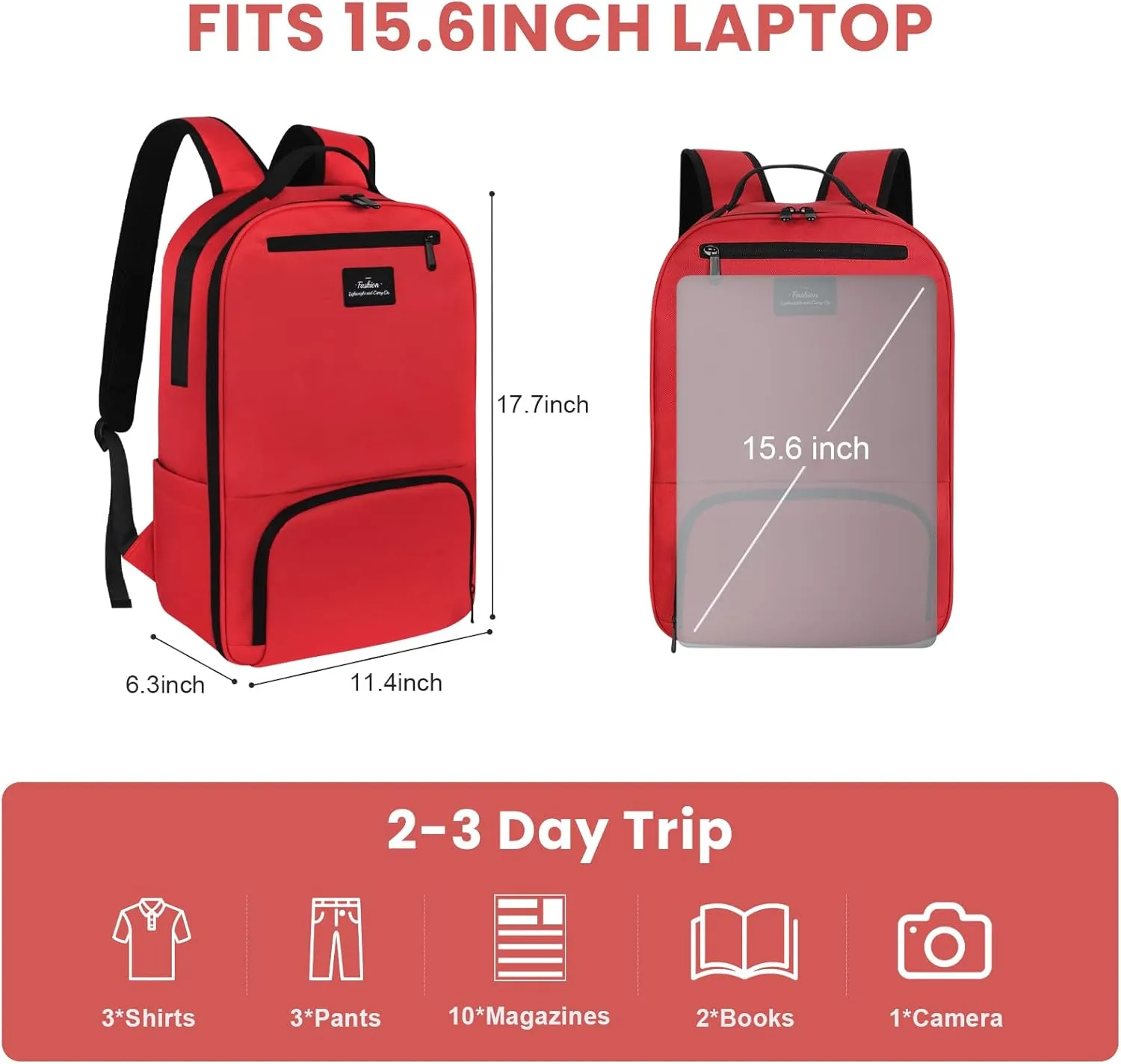 Bookbag for Men Women, Laptop Backpack for Men, Book Bag, Backpack for School Teens, Travel Laptop Backpack Work Backpck Fits 15.6 Inch Notebook, Water Resistant Backpack with Luggage Strap (Red)