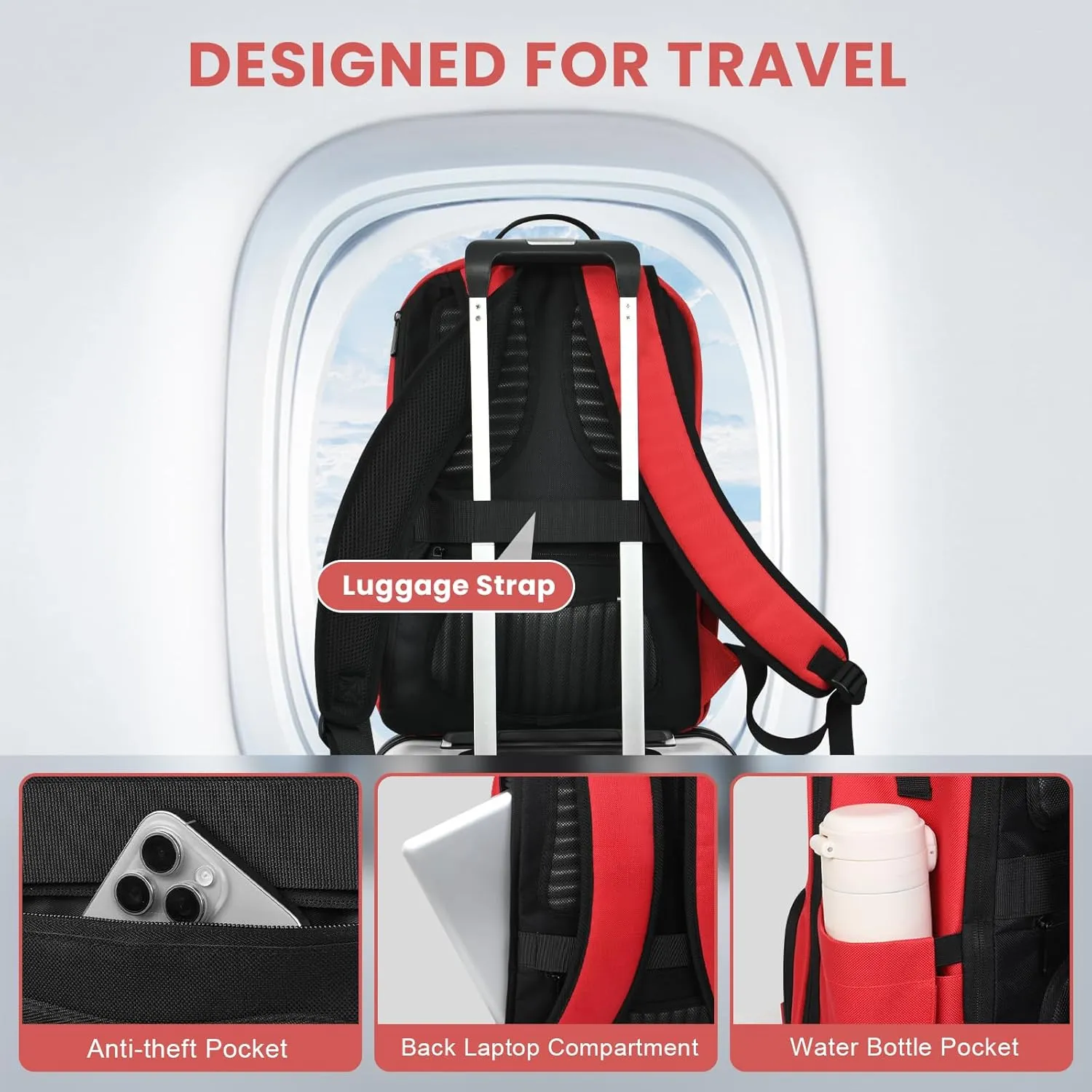 Bookbag for Men Women, Laptop Backpack for Men, Book Bag, Backpack for School Teens, Travel Laptop Backpack Work Backpck Fits 15.6 Inch Notebook, Water Resistant Backpack with Luggage Strap (Red)