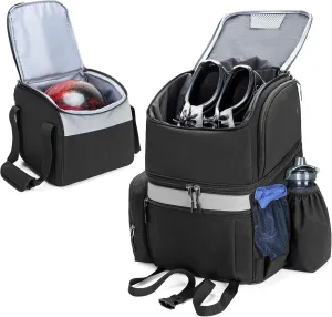 Bowling Backpack with Inner Tote Bag, Ball Bag with Wooden Holder and Shoe Compartment, Fits US Mens Size 16 Shoes, Black