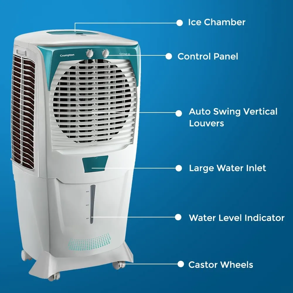 Crompton ACGC-DAC555 Ozone Desert Air Cooler- 55L; with Everlast Pump, Auto Fill, 4-Way Air Deflection and High Density Honeycomb pads; White & Teal