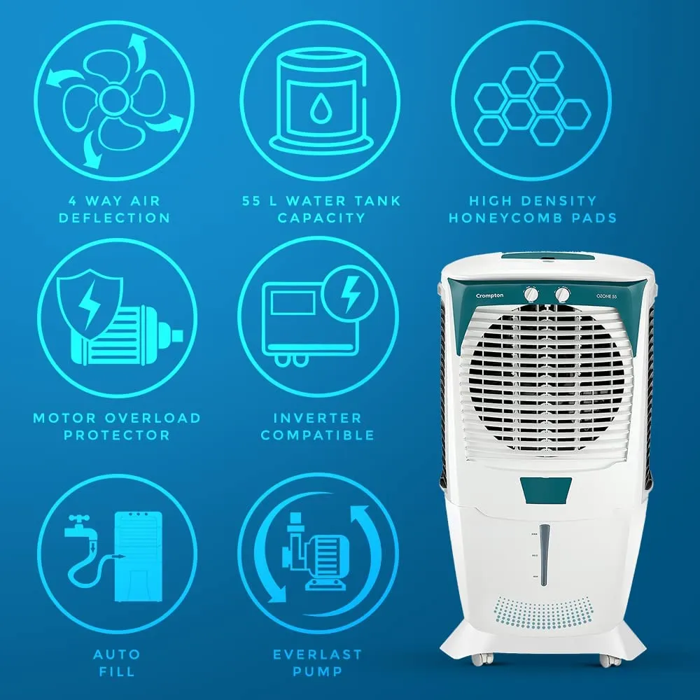Crompton ACGC-DAC555 Ozone Desert Air Cooler- 55L; with Everlast Pump, Auto Fill, 4-Way Air Deflection and High Density Honeycomb pads; White & Teal