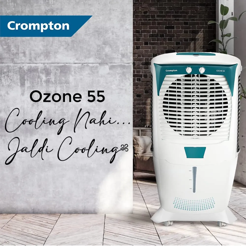 Crompton ACGC-DAC555 Ozone Desert Air Cooler- 55L; with Everlast Pump, Auto Fill, 4-Way Air Deflection and High Density Honeycomb pads; White & Teal