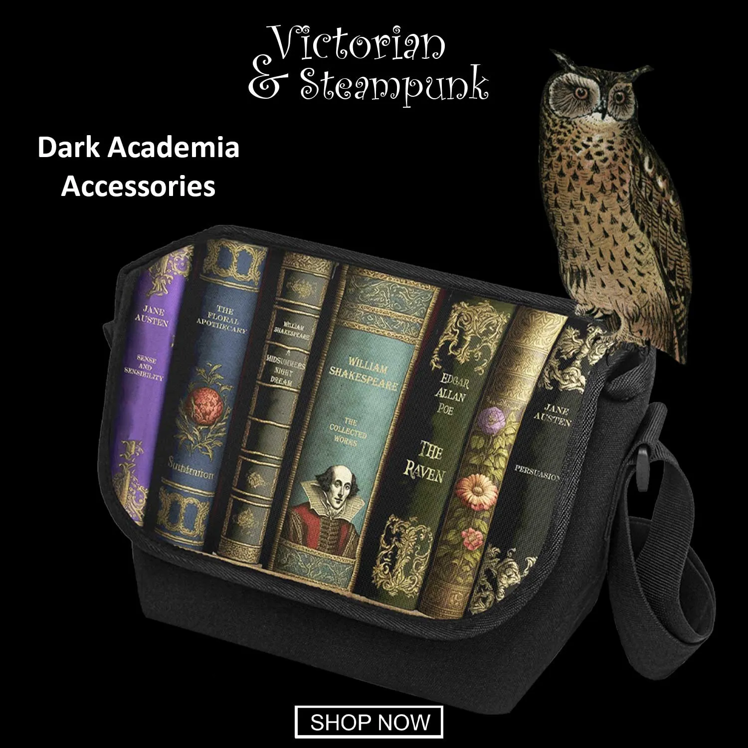 Dark Academia Classic Literature Library Book Bag - Messenger School Bag (JPMESSBOOKS)