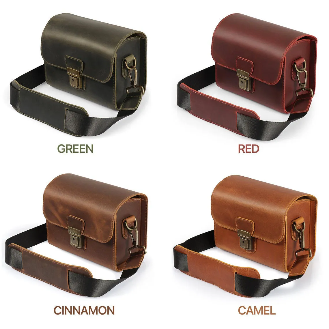 Dazzlo Top Grain Leather Camera Messenger Bag - Camel/Green/Red/Cinnamon - 8"