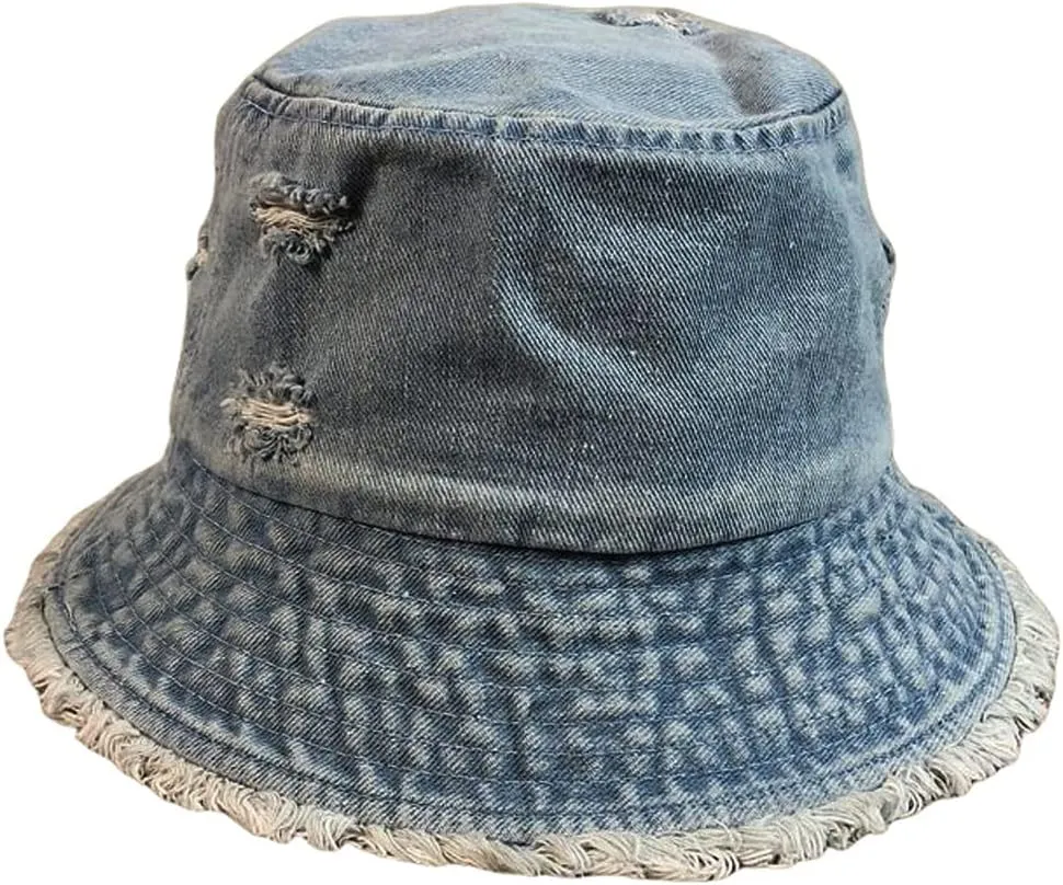Distressed Denim Bucket Hats Frayed Jean Ripped Hole Fringe Edge Sun Beach Women