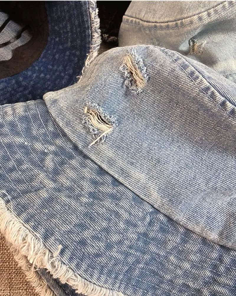 Distressed Denim Bucket Hats Frayed Jean Ripped Hole Fringe Edge Sun Beach Women