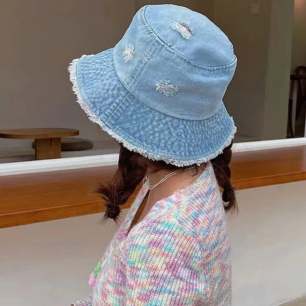 Distressed Denim Bucket Hats Frayed Jean Ripped Hole Fringe Edge Sun Beach Women