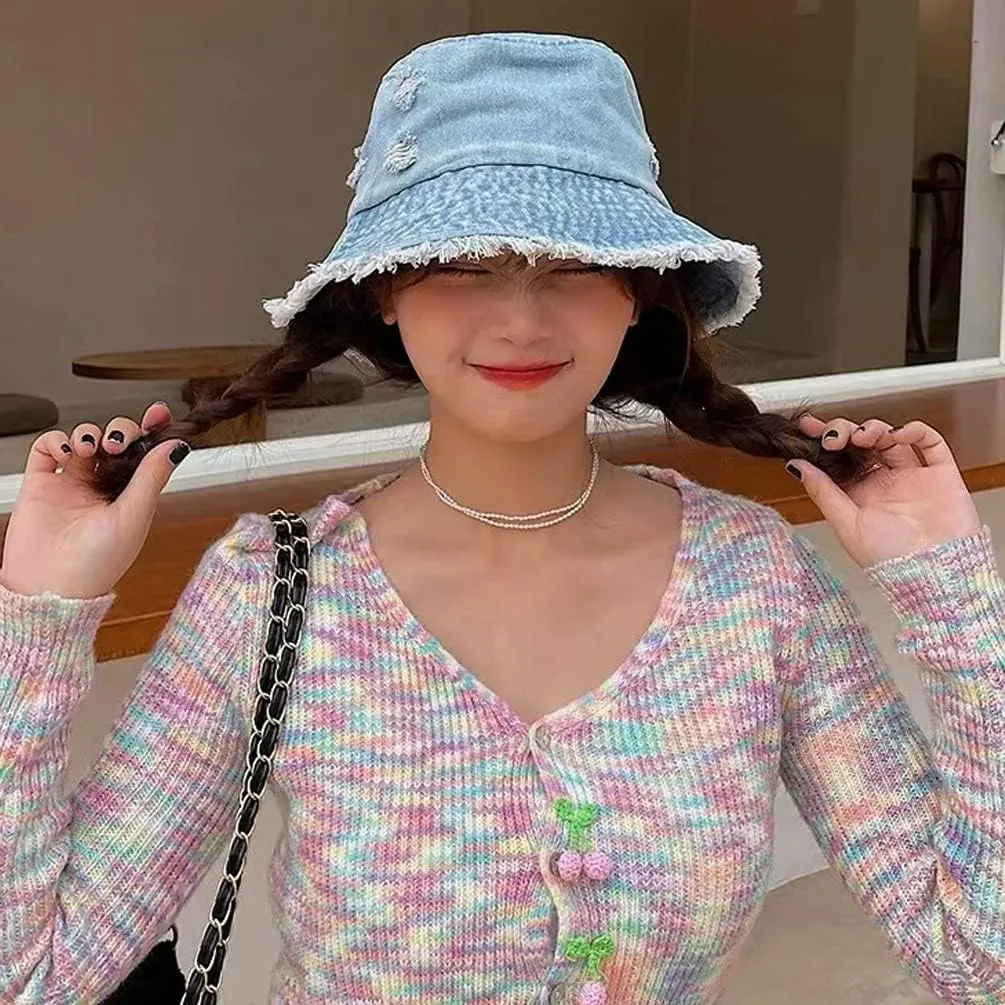Distressed Denim Bucket Hats Frayed Jean Ripped Hole Fringe Edge Sun Beach Women