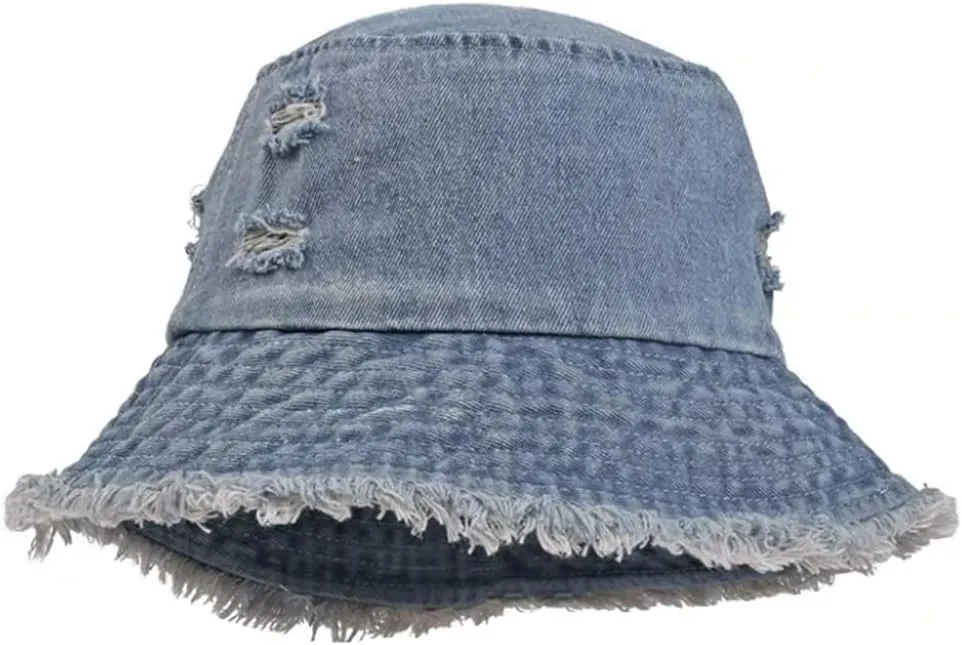 Distressed Denim Bucket Hats Frayed Jean Ripped Hole Fringe Edge Sun Beach Women