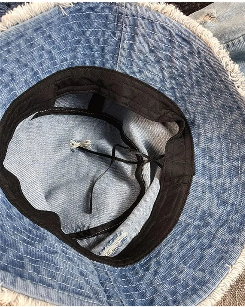 Distressed Denim Bucket Hats Frayed Jean Ripped Hole Fringe Edge Sun Beach Women