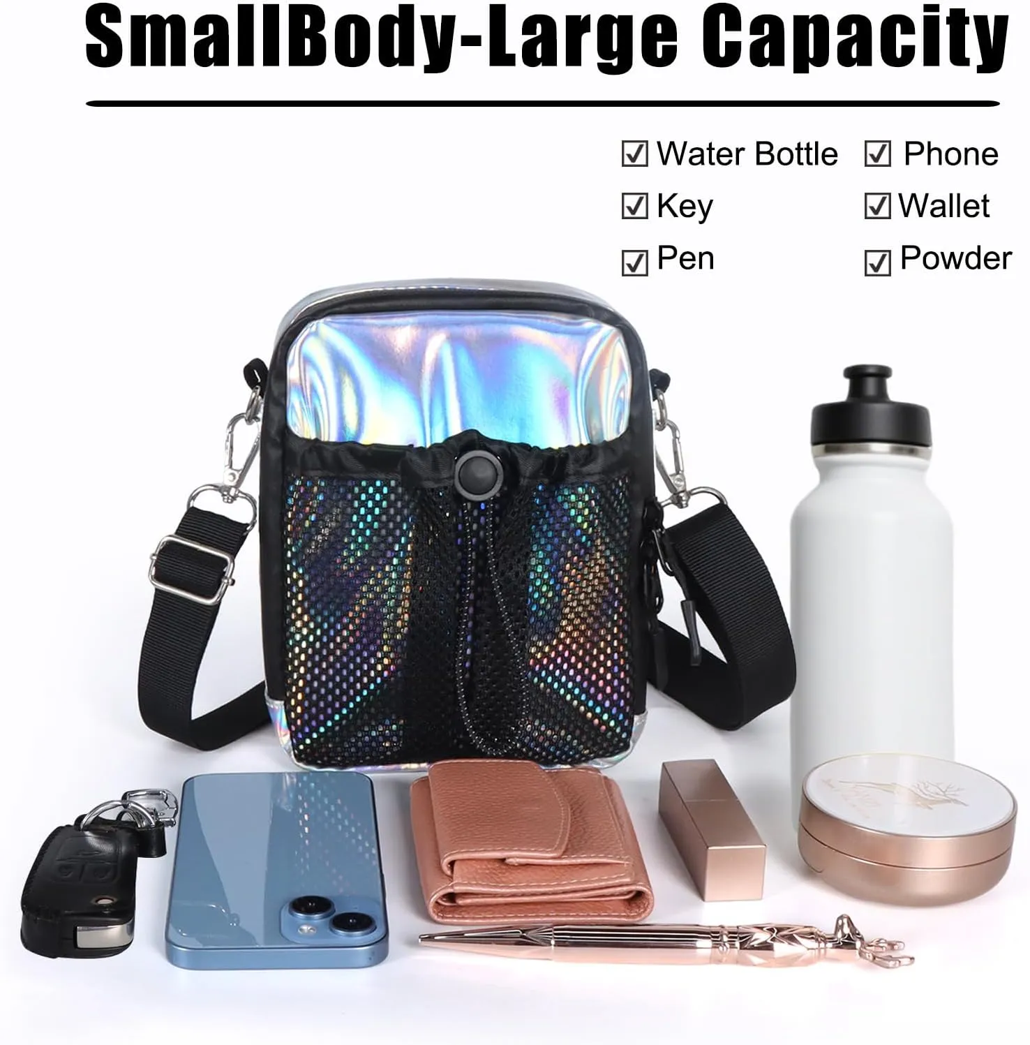 Geestock Small Crossbody Bag for Women Trendy, Holographic Mini Messenger Bag Shoulder Phone Purse with Water Bottle Pocket