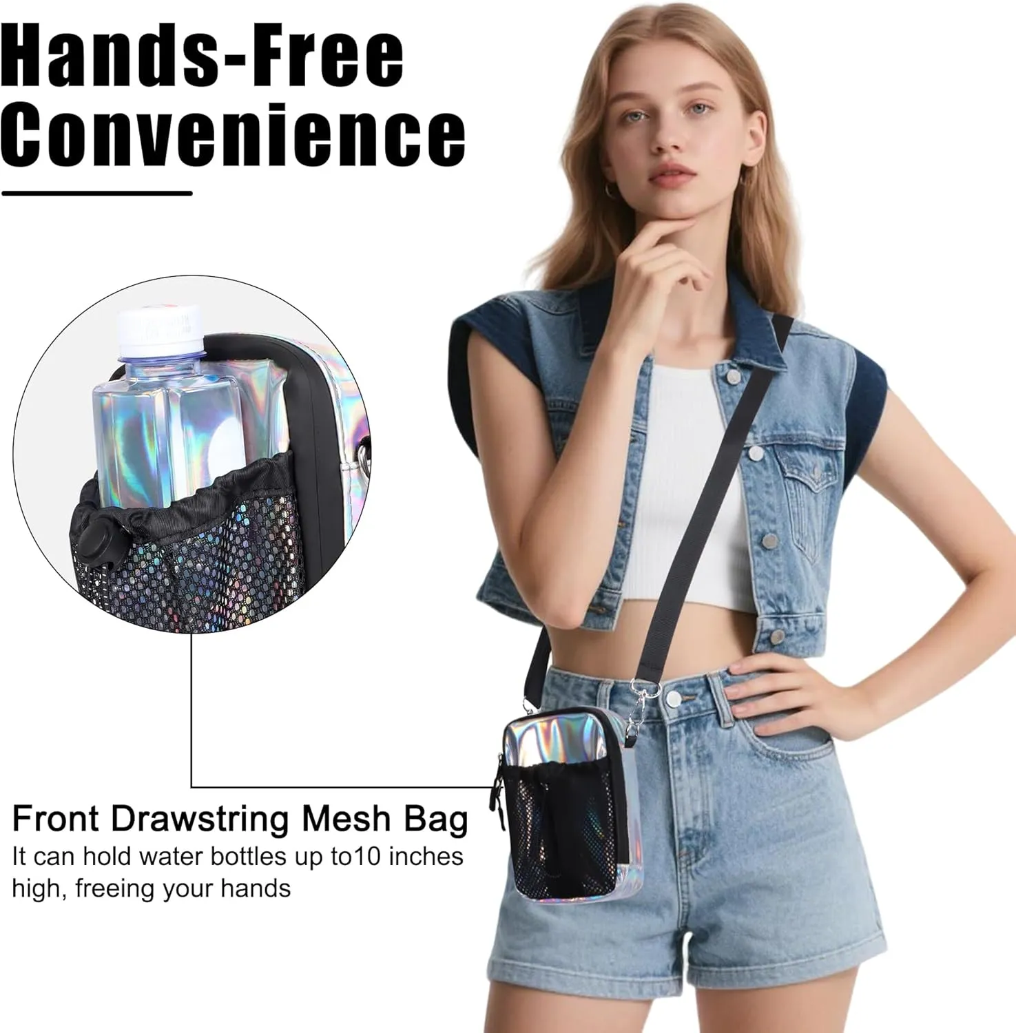 Geestock Small Crossbody Bag for Women Trendy, Holographic Mini Messenger Bag Shoulder Phone Purse with Water Bottle Pocket