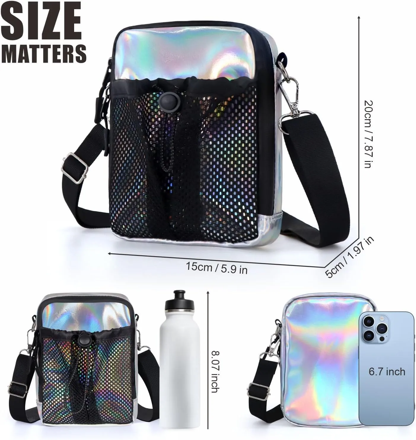 Geestock Small Crossbody Bag for Women Trendy, Holographic Mini Messenger Bag Shoulder Phone Purse with Water Bottle Pocket