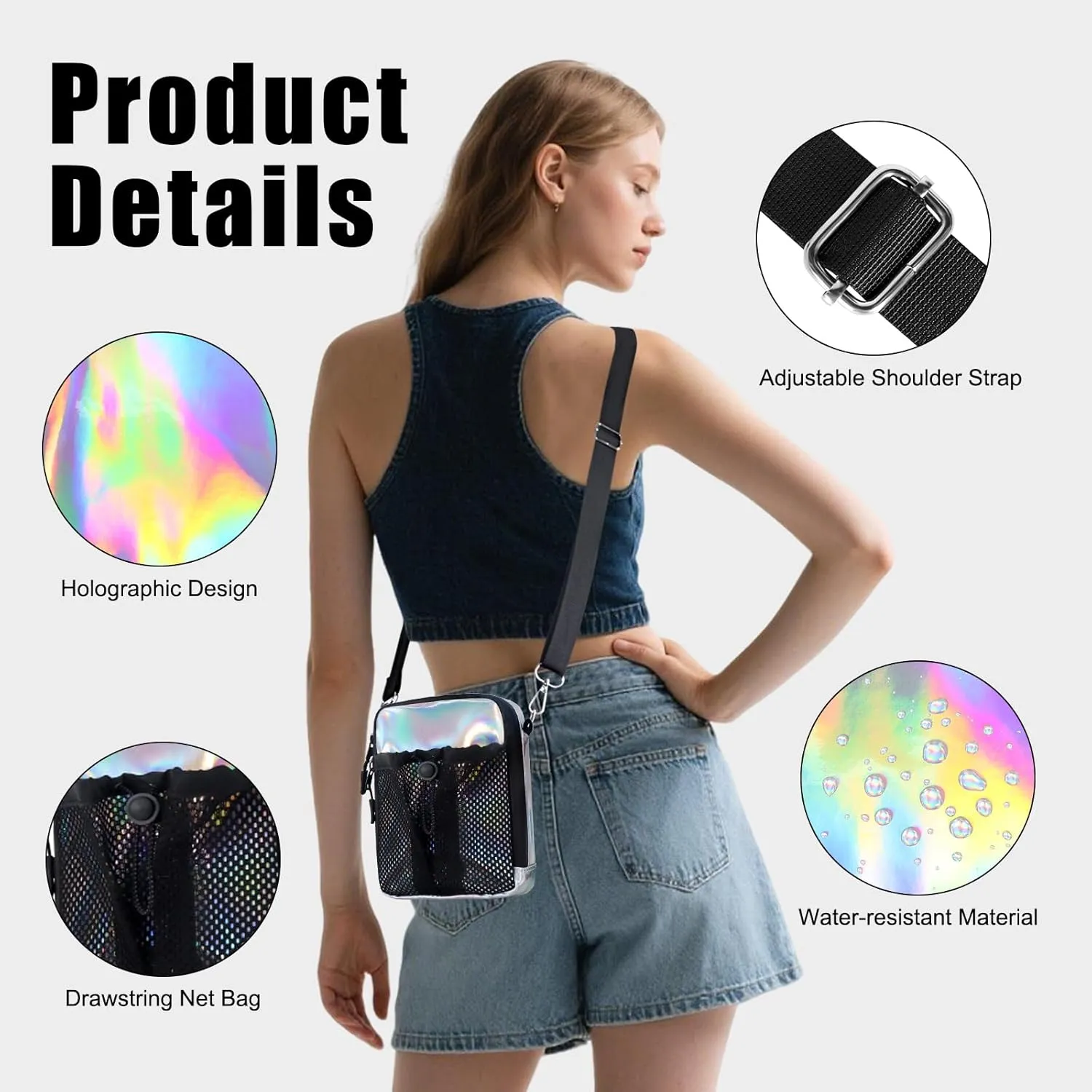 Geestock Small Crossbody Bag for Women Trendy, Holographic Mini Messenger Bag Shoulder Phone Purse with Water Bottle Pocket