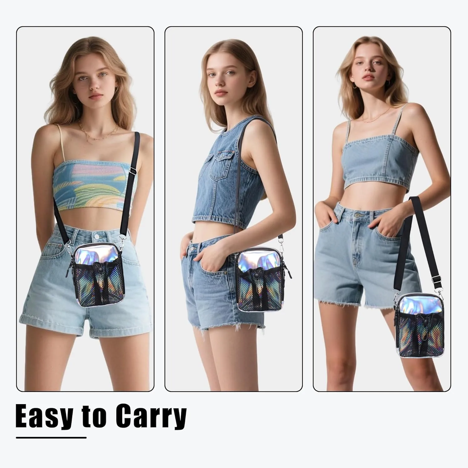 Geestock Small Crossbody Bag for Women Trendy, Holographic Mini Messenger Bag Shoulder Phone Purse with Water Bottle Pocket