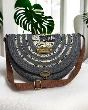 Graphite Mahina Crossbody Messenger Bag - Khaki Vintage Hawaiian Print Accents, Handmade, & Eco-Friendly