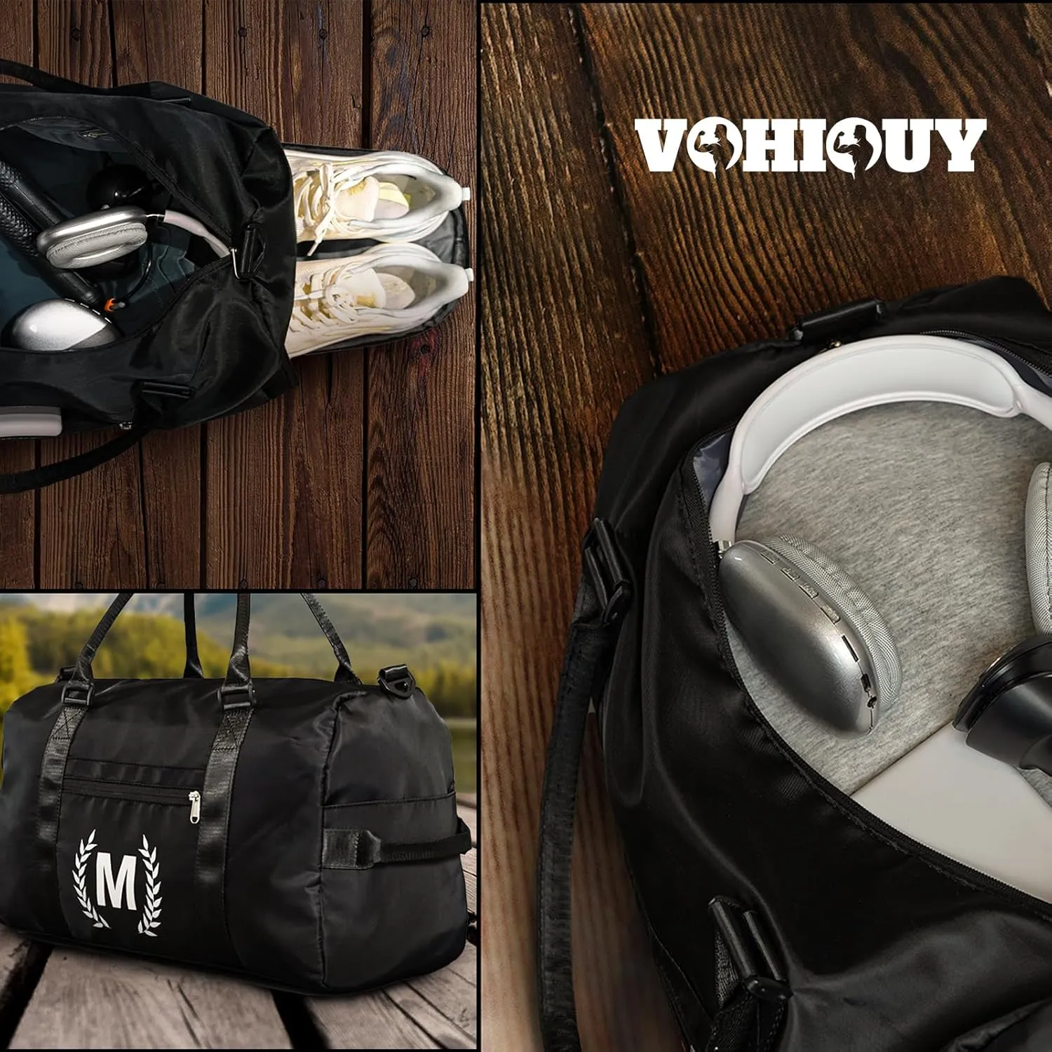 Gym Bag for Women & Men, Fitness Workout Sports Travel Duffle Bag with Wet Pocket & Shoes Compartment, Great Present for Gym Lovers (Jet Black, A)
