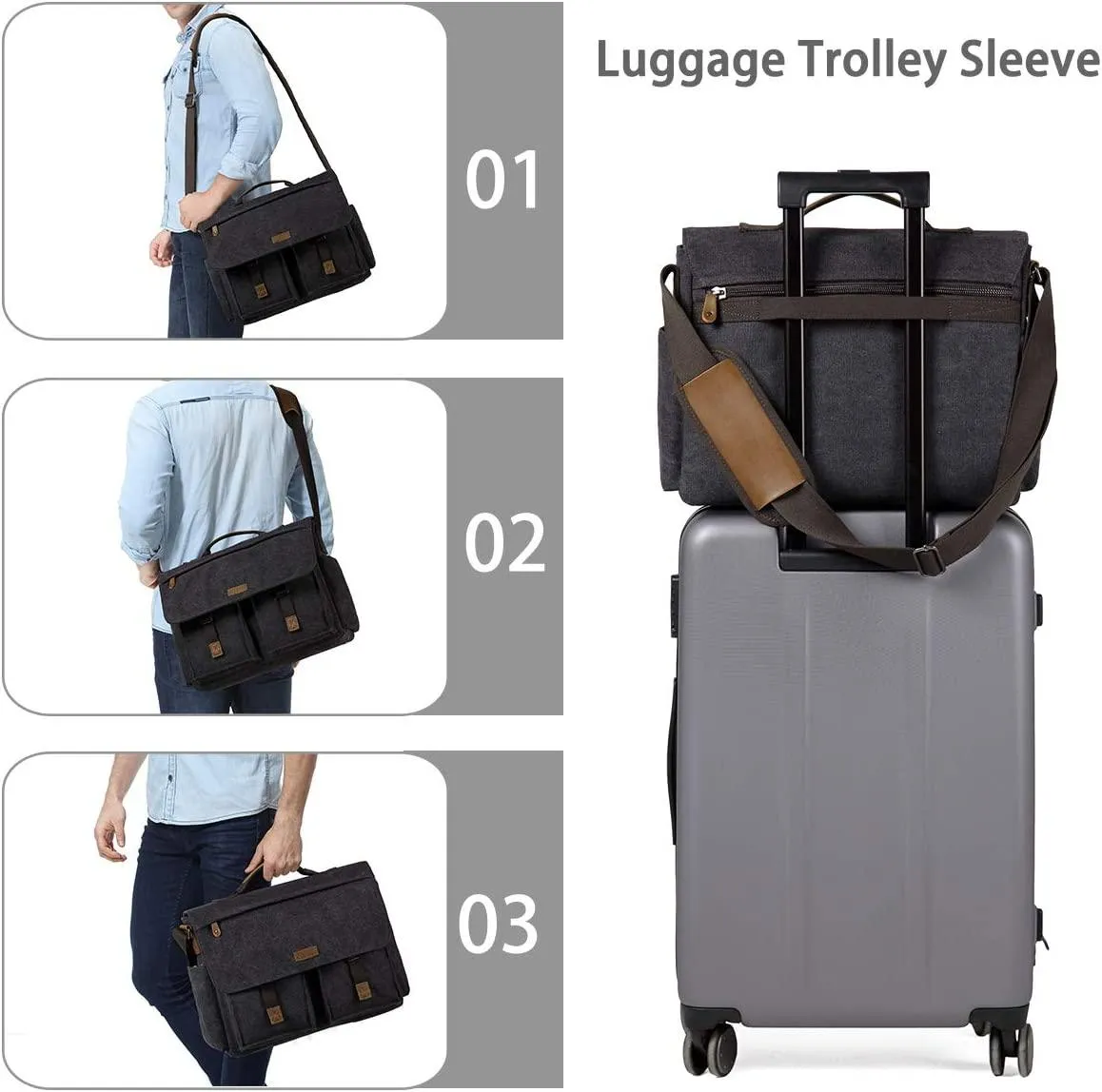 Messenger Bag for Men, VASCHY Vintage Water Resistant Waxed Canvas Satchel 15.6 inch Laptop Briefcase Shoulder Bag with Padded Shoulder Strap Gray