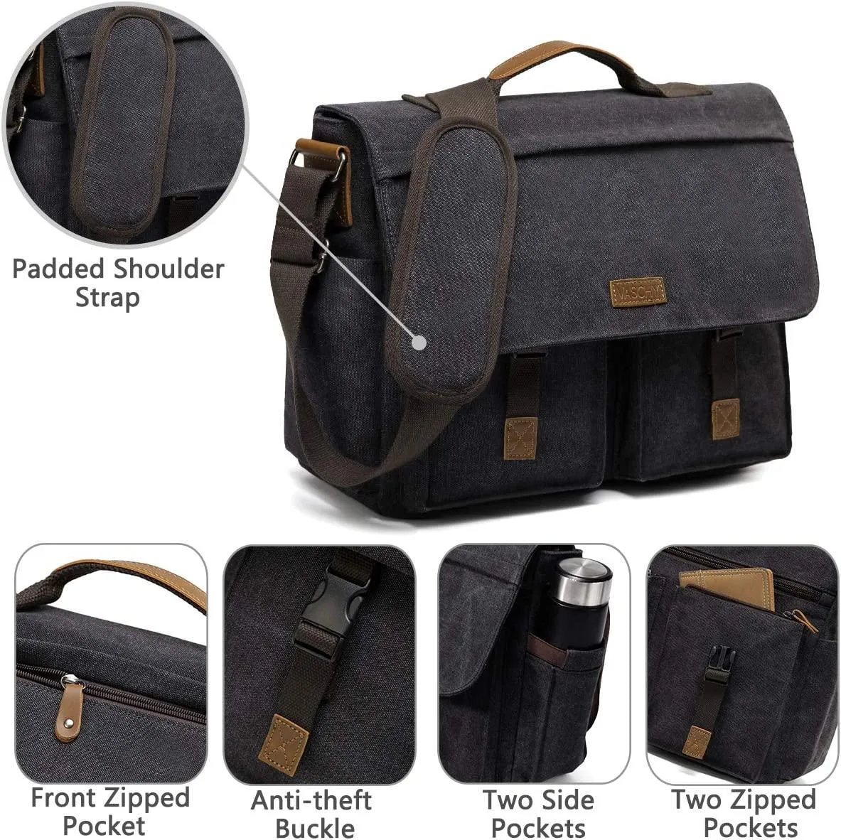Messenger Bag for Men, VASCHY Vintage Water Resistant Waxed Canvas Satchel 15.6 inch Laptop Briefcase Shoulder Bag with Padded Shoulder Strap Gray