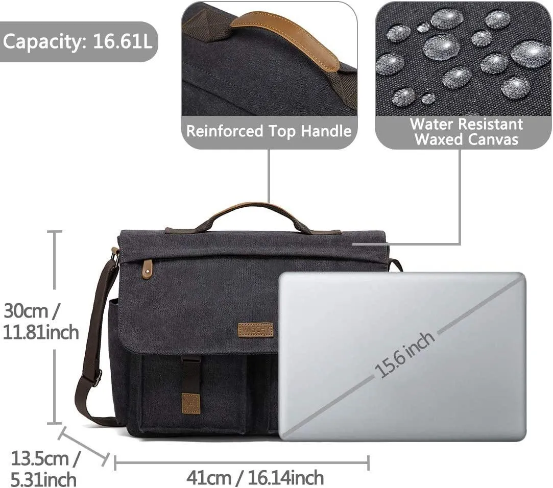 Messenger Bag for Men, VASCHY Vintage Water Resistant Waxed Canvas Satchel 15.6 inch Laptop Briefcase Shoulder Bag with Padded Shoulder Strap Gray