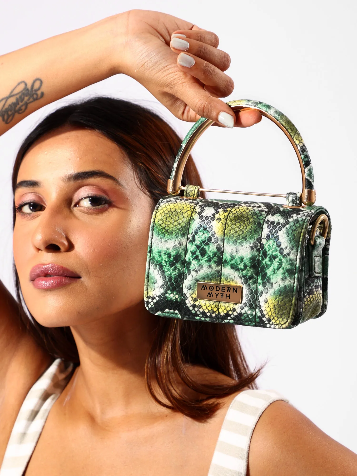Nano Green Snake Print Mini Box Bag | Modern Myth