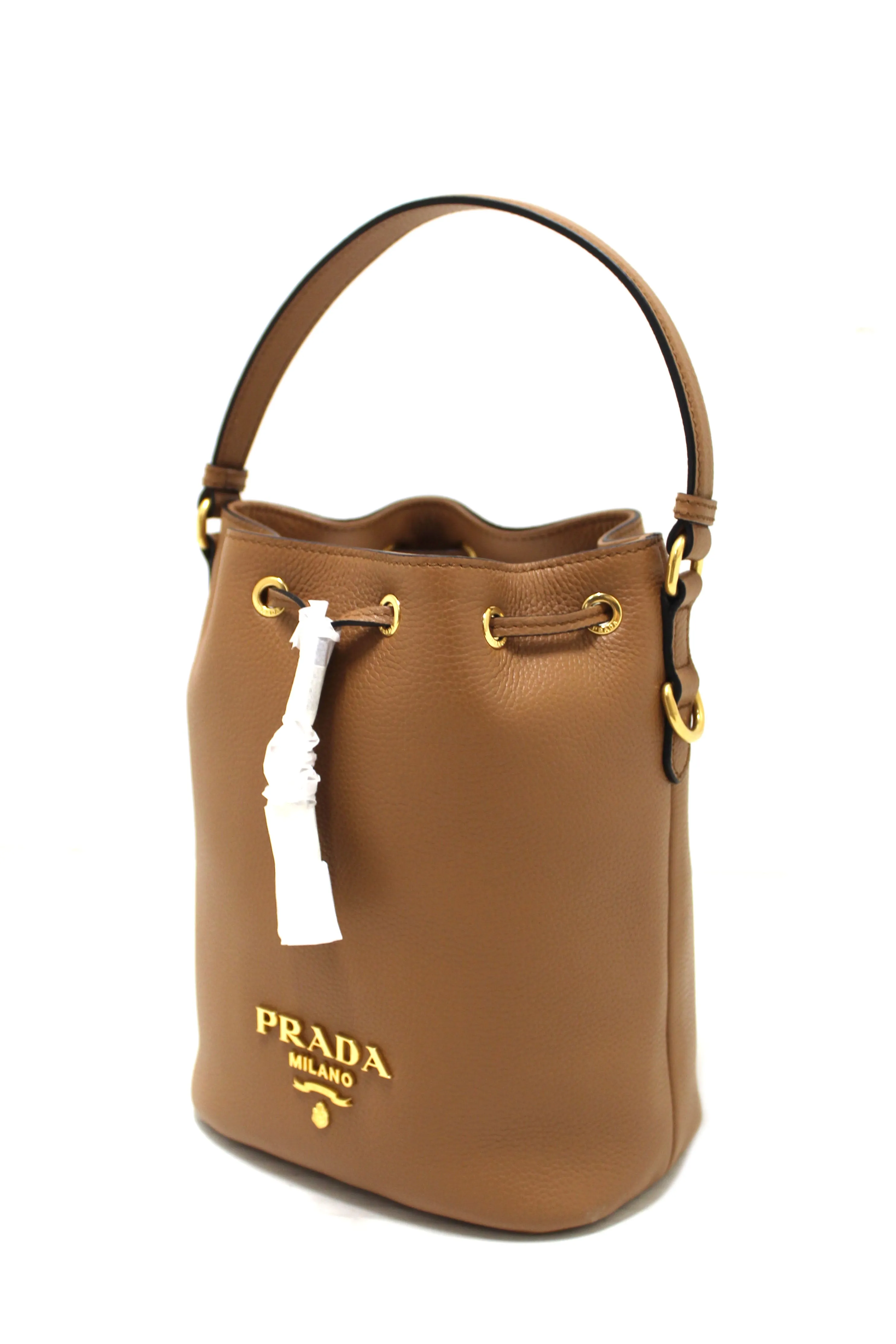 NEW Authentic Prada Brown Calf Leather Drawstring Bucket Messenger Bag