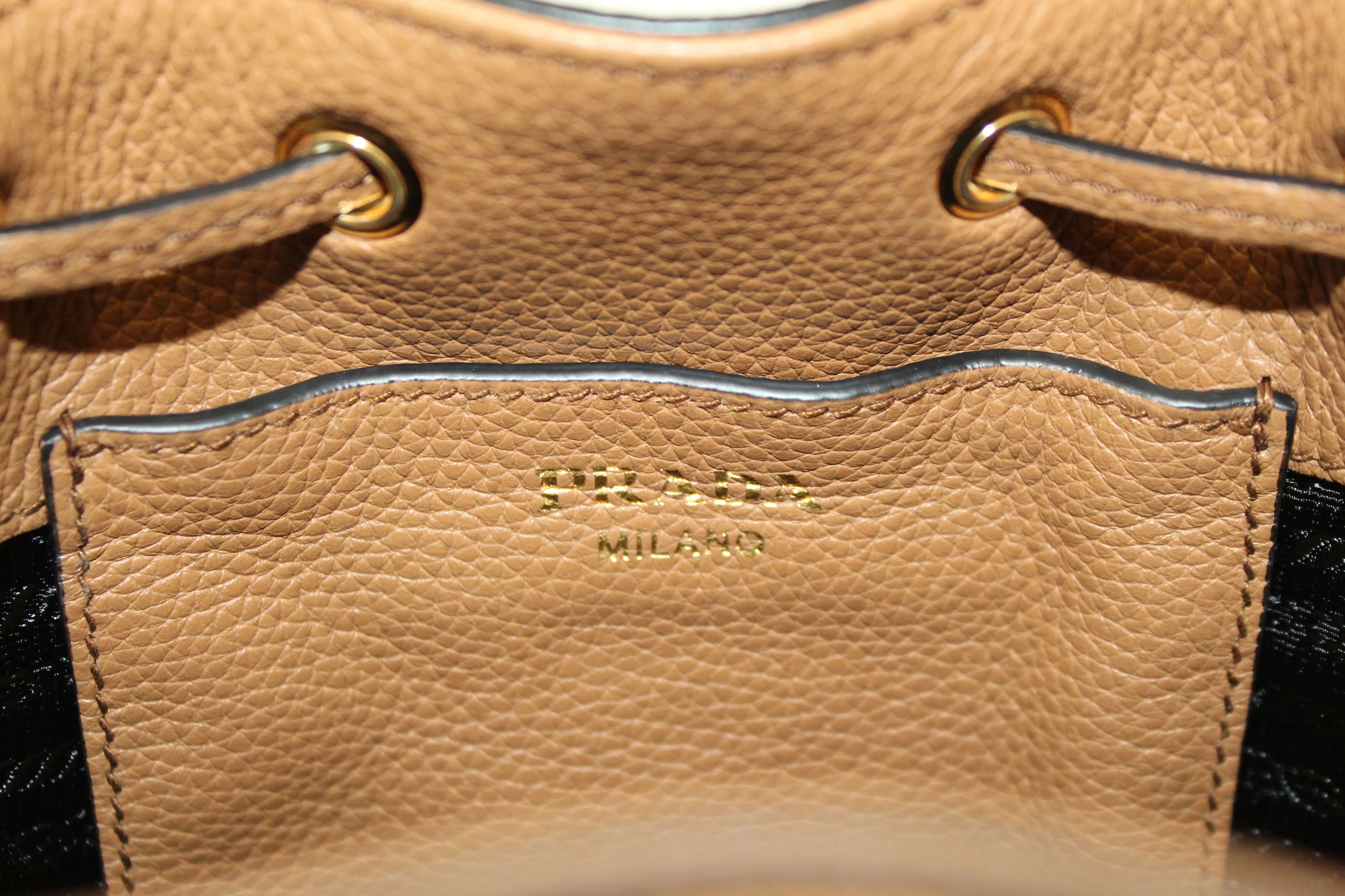 NEW Authentic Prada Brown Calf Leather Drawstring Bucket Messenger Bag