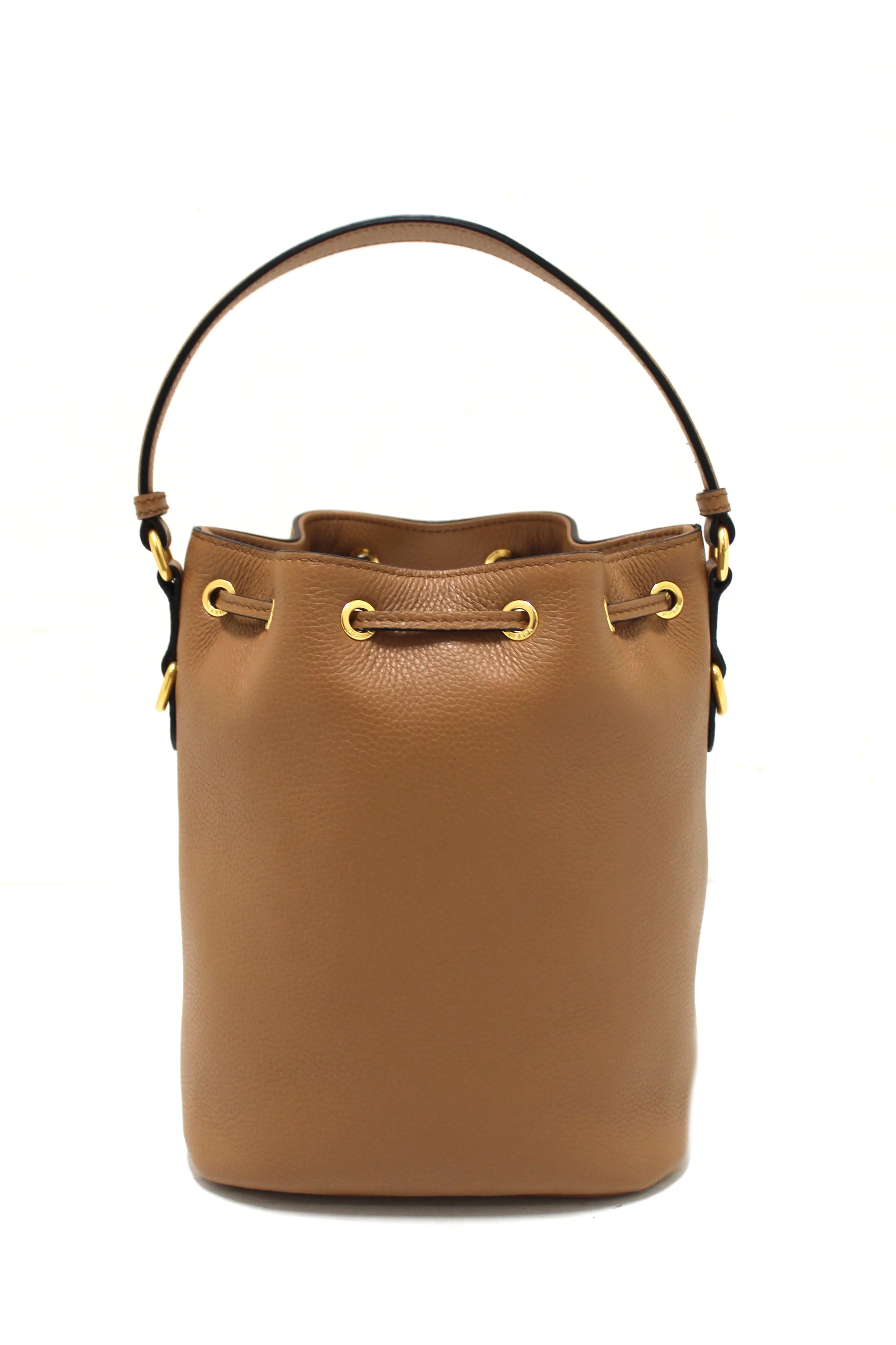 NEW Authentic Prada Brown Calf Leather Drawstring Bucket Messenger Bag