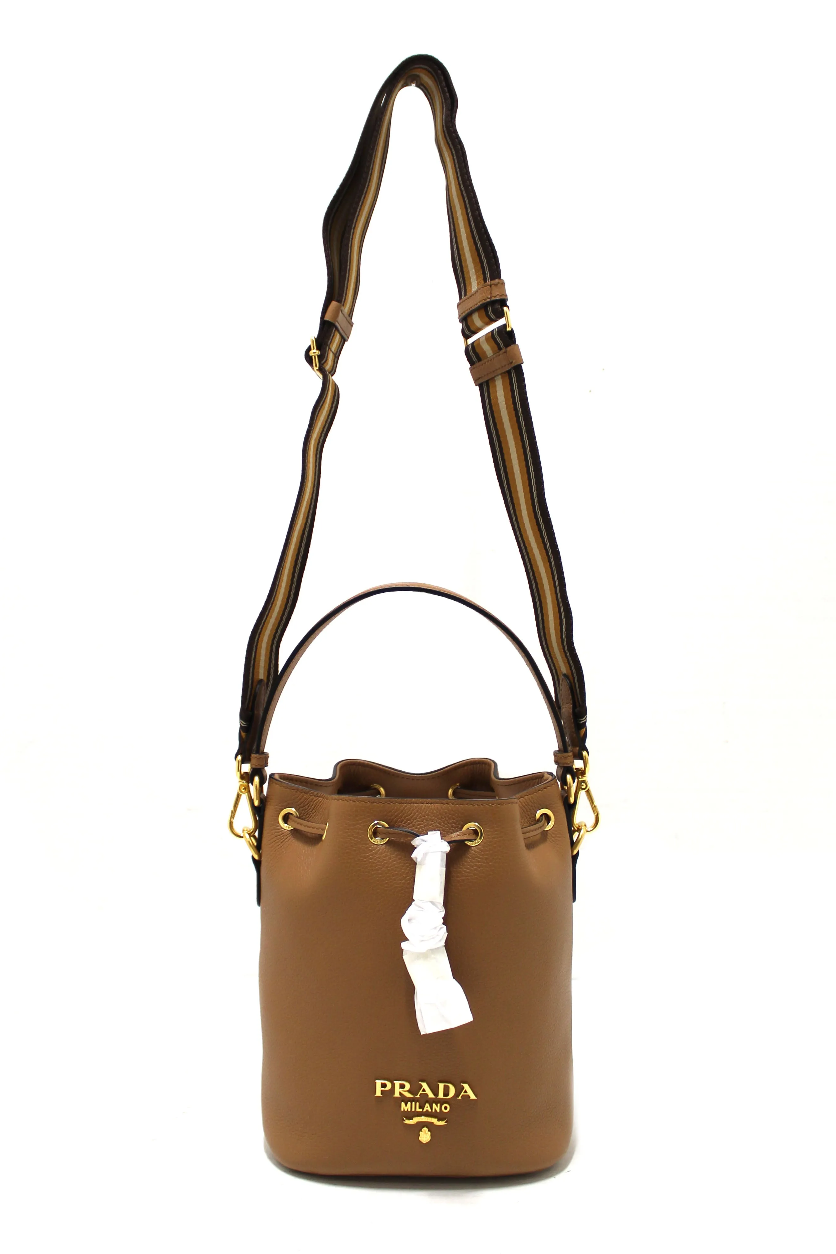NEW Authentic Prada Brown Calf Leather Drawstring Bucket Messenger Bag